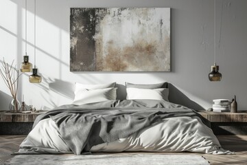 Minimalist Bedroom Interior with Poster Mockup Above Double Bed