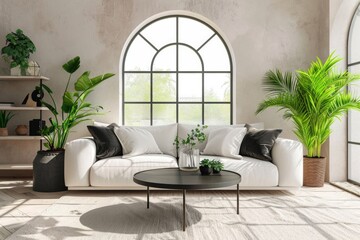 Minimalist Modern Living Room Interior with White Sofa and Houseplants Against Arched Window. Cozy Contemporary Decor with Copy Space - obrazy, fototapety, plakaty
