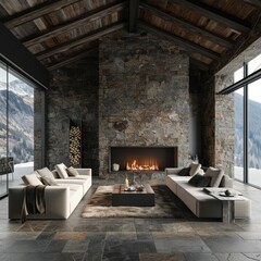Fototapeta premium Modern Chalet Living Room: Luxurious Interior with Stone Fireplace and Cozy Sofas