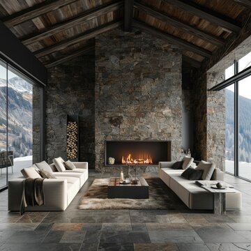Modern Chalet Living Room: Luxurious Interior with Stone Fireplace and Cozy Sofas