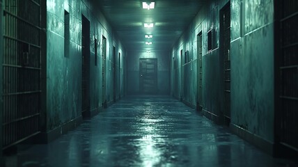Secure cells nestled in a shadowy hallway - obrazy, fototapety, plakaty