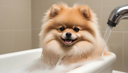 A Fluffy Pomeranian Getting A Bath