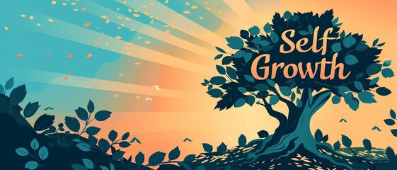 an illustration with the text Self Growth with a flourishing tree . 
