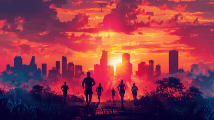 Fototapeta premium Dawn marathon, A group of runners in silhouette jog along a path, with a dramatic and colorful sunset over a city skyline in the background.