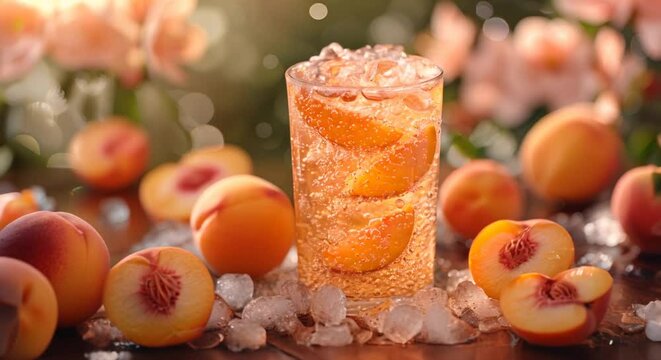 Sparkling peach iced tea, summer breeze, peach orchard