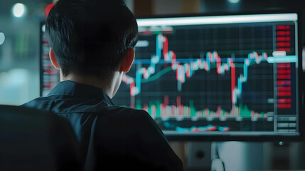 Fototapeta premium Back view of trader focus on monitor screen stock or currency chart, trader or investor or manager plan and analyze data to generate returns on their investments