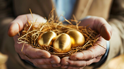 Businessman holding golden goose eggs in straw, Income and return on investment. profit, capital gain, dividend, yield, interest return from investing, value investor concept - obrazy, fototapety, plakaty