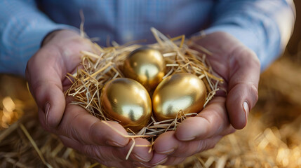 Businessman holding golden goose eggs in straw, Income and return on investment. profit, capital gain, dividend, yield, interest return from investing, value investor concept - obrazy, fototapety, plakaty