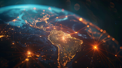 Fototapeta premium A global network of interconnected lighting connections on the Earth, digital data connection and cloud technology, blockchain technology