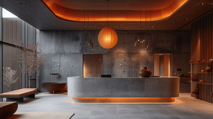 Modern Zen Style Hotel Lobby with Warm Lighting