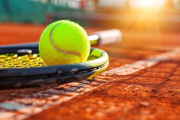 Tennis racket and ball on tennis court. Closeup of sport equipment.