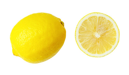 Top view of fresh yellow lemon fruit with some drops and half isolated on white background wiht clipping path