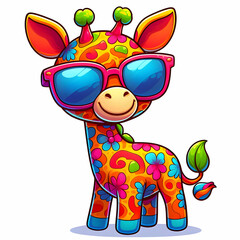 Obraz premium Cartoon colorful giraffe with sunglasses illustration, Ai generated 