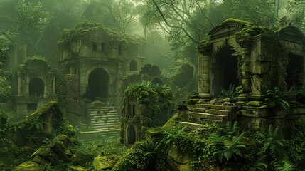 Enchanted Ancient Ruins in Mystical Foggy Forest - Mysterious Abandoned Temple Overgrown with Vegetation