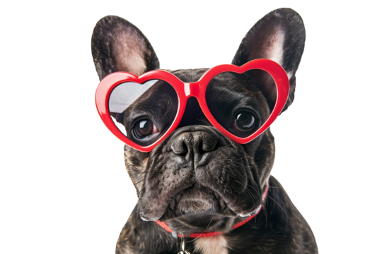 French bulldog with a red heart-shaped glasses, isolated, transparent background - Powered by Adobe