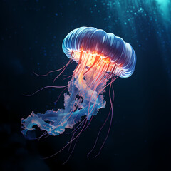 Bioluminescent jellyfish in a dark ocean. 