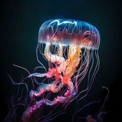 Bioluminescent jellyfish in a dark ocean. 