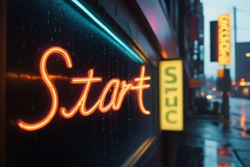 Slogan start neon light sign text effect on a rainy night street, horizontal composition