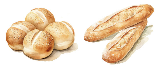 Artisan bread rolls and baguettes watercolor