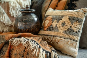 richly textured boho chic textiles; focus on intricate patterns, natural fibers, and a warm, inviting color palette