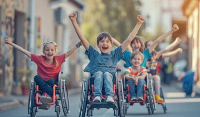 Smiling kids in wheelchairs celebrating victory, holding up their arms and cheering with friends on the street