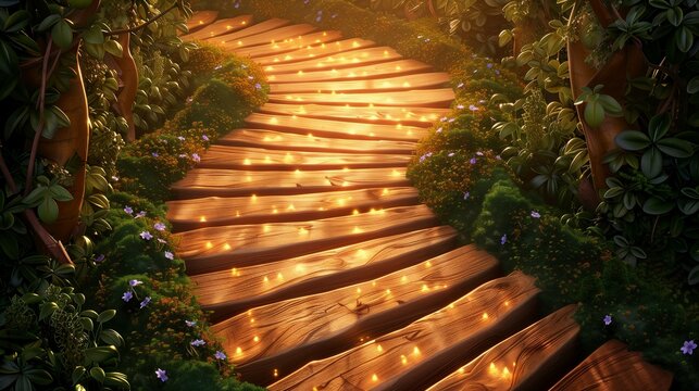 3D cartoon illustration of an enchanting wooden path leading to a heartwarming fairytale world.
