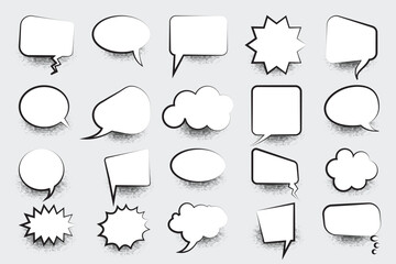 Obraz premium Set of speech bubbles. Blank empty vector white speech bubbles. Speak bubble text, cartoon chatting box, message box. Blank Comic bubble. Cartoon balloon word design. 