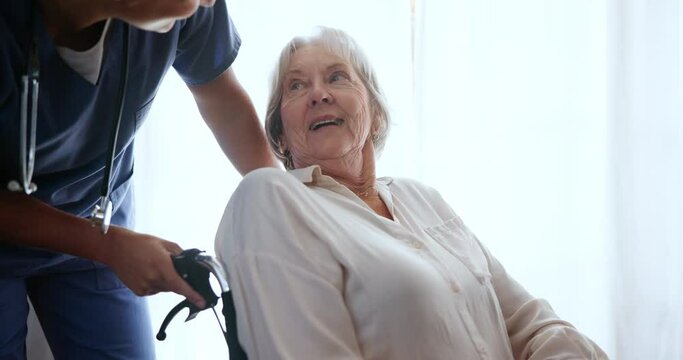 Nurse, senior and patient with wheelchair, support and healthcare for retirement. Woman, caregiver and disability with nursing home, rehabilitation and elderly care with medical consulting or service