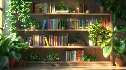 Sunlit bookshelf with vibrant stationery and plants