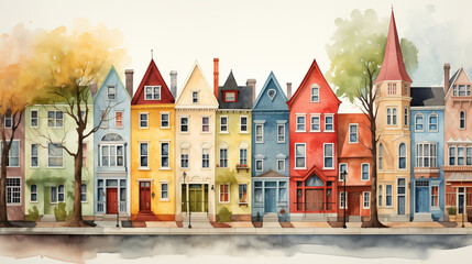 The watercolor illustration showcases a historic neighborhood's colorful facades, narrow streets, and architectural details from bygone eras.