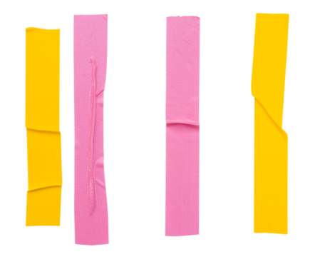 Top view set of pink and yellow wrinkled adhesive vinyl tape or cloth tape in stripes shape isolated with clipping path in png file format