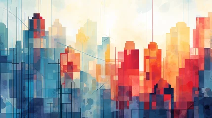 Foto op Plexiglas Aquarelschilderij wolkenkrabber  A vibrant abstract cityscape comes to life in a watercolor painting, with a captivating mix of warm and cool hues enhancing its visual appeal.