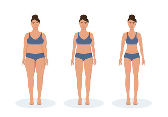 Fat and thin woman weight loss concept. Diet and fitness. Before and after body shape girl measuring her slim waist.