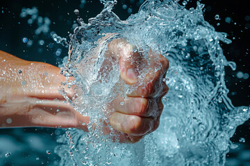 Fototapeta premium Fist punching water in anger creates a splash. Shot with high-speed flash