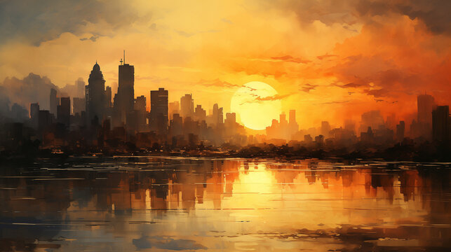 Watercolor illustration of a city skyline at sunset, with warm hues and silhouettes of buildings against the golden sky.