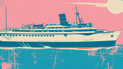 A retro inspired poster background with a cruise ship at sea - obrazy, fototapety, plakaty