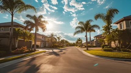 Tuinposter Sunny Florida Subdivision: Gated Community Houses and Palm-Lined Streets © AIGen