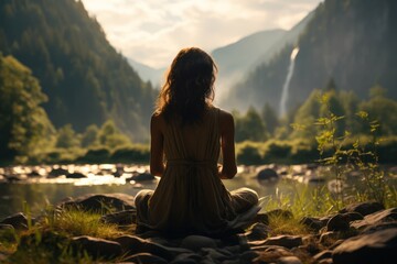 Woman Sitting on Rock by River Generative AI