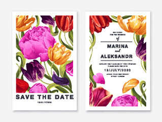 Realistic tulips and peonies in a ready-to-use template for your product design. Can be used for social media posts, advertising flyers and banners, wedding invitations floral spring botanical design 