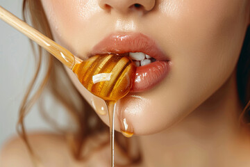 Honey dripping on girl lips from the wooden spoon. Beauty model woman eating honey - obrazy, fototapety, plakaty