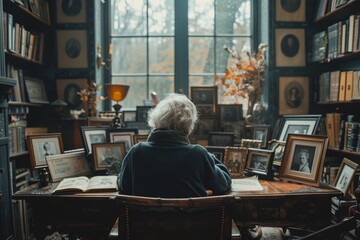 Rear view of senior person sitting alone at table in a room surrounded by old photographs, books and forgotten belongings. Concept of dementia and memory problems