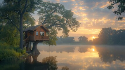 Fototapeta premium Serene treehouse by a lake at golden hour