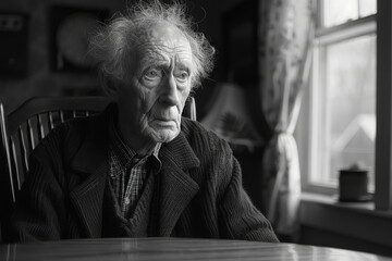Sad elderly male sitting alone at a dining table, unable to recall how to eat or drink. Concept of dementia, alzheimer disease and memory problems of older people