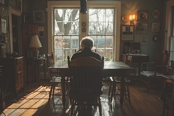 Rear view of confused senior male sitting alone at a dining table at home, trying to remember the events of today and yesterday. Concept of dementia and alzheimer disease - obrazy, fototapety, plakaty