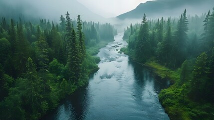 Mystic river: Meandering through dense forests shrouded in morning mist - obrazy, fototapety, plakaty
