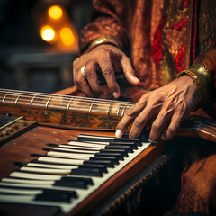 Close-up of a musicians hands playing a unique instrument