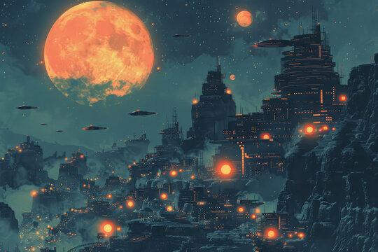 Wonders of science and technology under the stars, future city illustrations