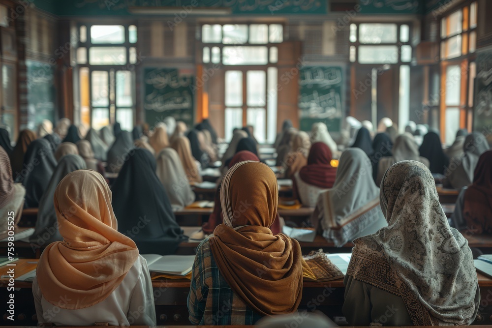 Wall mural classroom in islamic school filled with female students, their heads bowed in concentration as they 