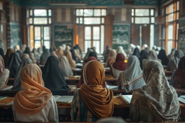 Classroom in Islamic school filled with female students, their heads bowed in concentration as they study Arabic and Islamic studies. The walls are adorned with calligraphy and verses from the Quran