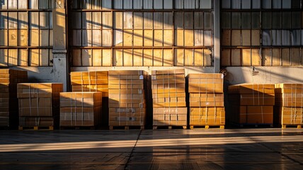 Shadow play on stacked parcels at dawn - obrazy, fototapety, plakaty